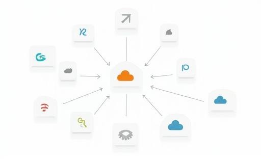 Icone di servizi cloud e pipeline DevOps.